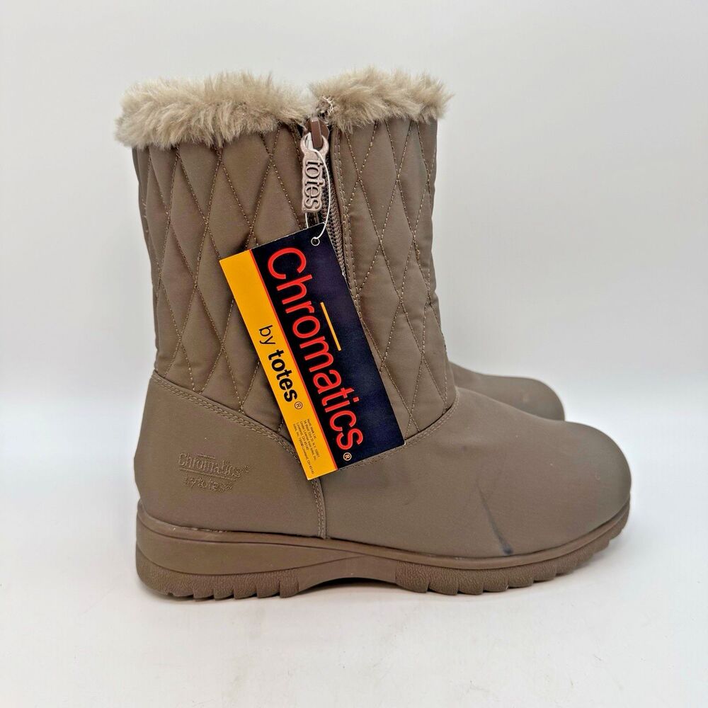 Chromatics By Totes Snow Boots Women’s 9M Taupe Waterproof Side Zip Fur Lined